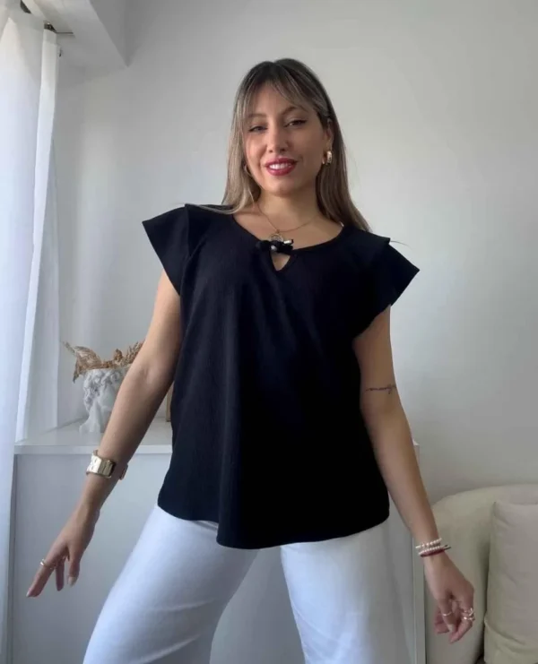 Blusa de lino elastizado modelo 2 Blusa Mujer Remera Lino Elastizado Escote Moda HAWAI