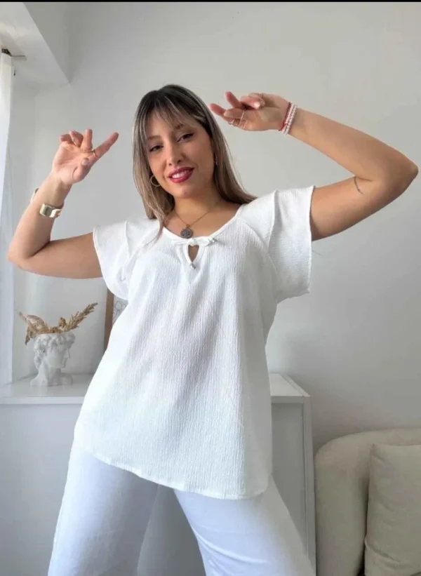 Blusa de lino elastizado woo Blusa Mujer Remera Lino Elastizado Escote Moda HAWAI