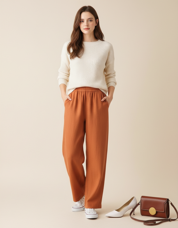 Pantalón Mujer Palazzo Lino Elastizado Amplio Moda Dama