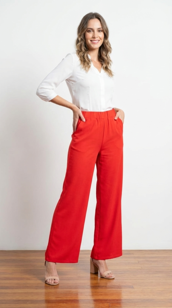 Pantalón Mujer Palazzo Lino Elastizado Amplio Moda Dama