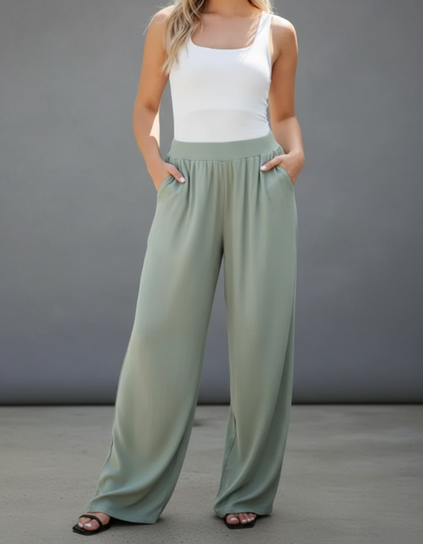 Pantalón Mujer Palazzo Lino Elastizado Amplio Moda Dama